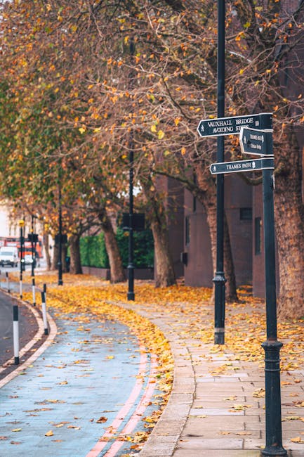 A daytime street scene in Lambeth showing a curved sidewalk and a narrow cycling lane separated by a low barrier, both lined with fallen autumn leaves. Tall trees with sparse orange and yellow foliage cast shadows on the pavement. A black street signpost with multiple directional signs indicating routes to Vauxhall Bridge, Acacia Road, and Thames Bank stands on the sidewalk. Behind the trees, residential buildings are partially visible. The scene conveys a quiet urban environment suitable for a home relocation, with no visible furniture or moving equipment. The image highlights the street layout and environment that might be relevant for planning removals or moving logistics in the Lambeth area, as covered on the removalslambeth.org.uk service page, 'Vauxhall to Oval moving service best routes and times.'